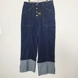 Dark Blue Wide Leg Jeans With Large Cuff Hem L